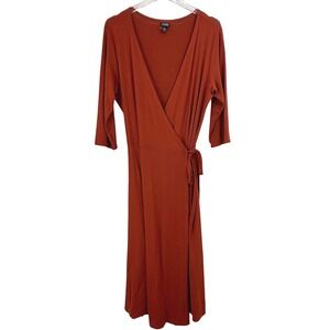 Eileen Fisher Dress Women MEDIUM BURNT ORANGE Wrap Rayon Midi JERSEY COMFORT USA